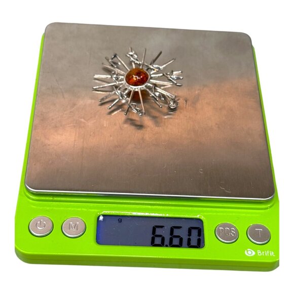 Mid Century Modern Sterling Silver & Amber Brooch Pin Sunburst Cranes Birds VTG - Picture 5 of 6